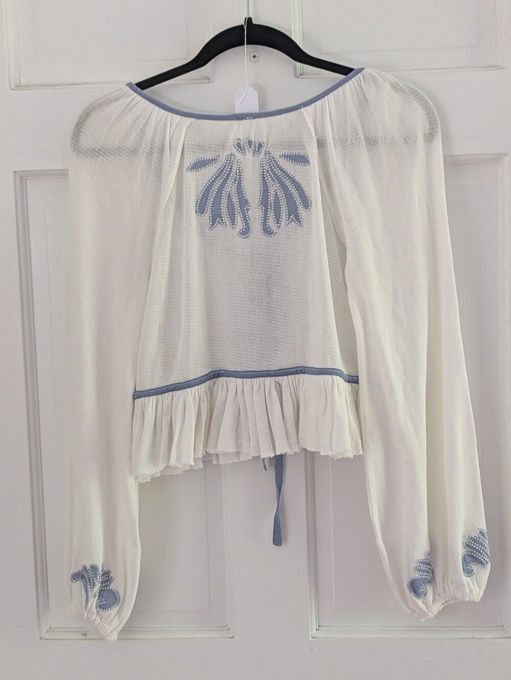 Free People Lookout Tie Front Embroidered Crop Top White Blue XS - Picture 5 of 5
